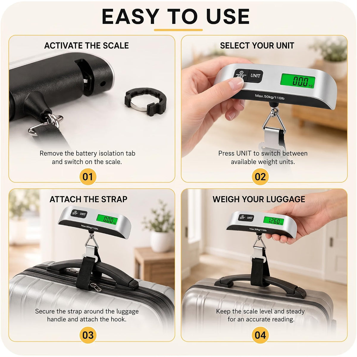 Mr.DIY Digital Luggage Scale 50kg/110lb, Portable Suitcase Weight Checker with Backlit LCD Display, Tare Function, Temperature Sensor & Battery Included