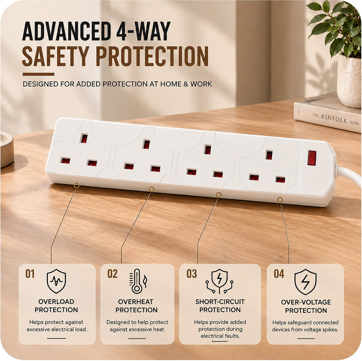 Mr.DIY 4 Way Extension Lead, 2 Metre Power Cable, 13A Fused UK Plug, Surge Protected Extension Lead with Advanced Safety Protection, Wall Mountable Power Strip for Home & Office Use