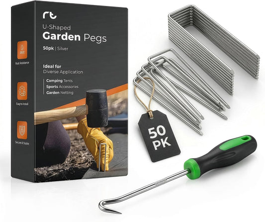 Roe Tenpo Weed Membrane Pegs, 15 cm, U-Shaped Heavy-Duty Sharp Beveled Ends Garden Stakes for Camping, Weed Control Membrane, Artificial Grass, Netting & Landscape Fabric (50 Pack)