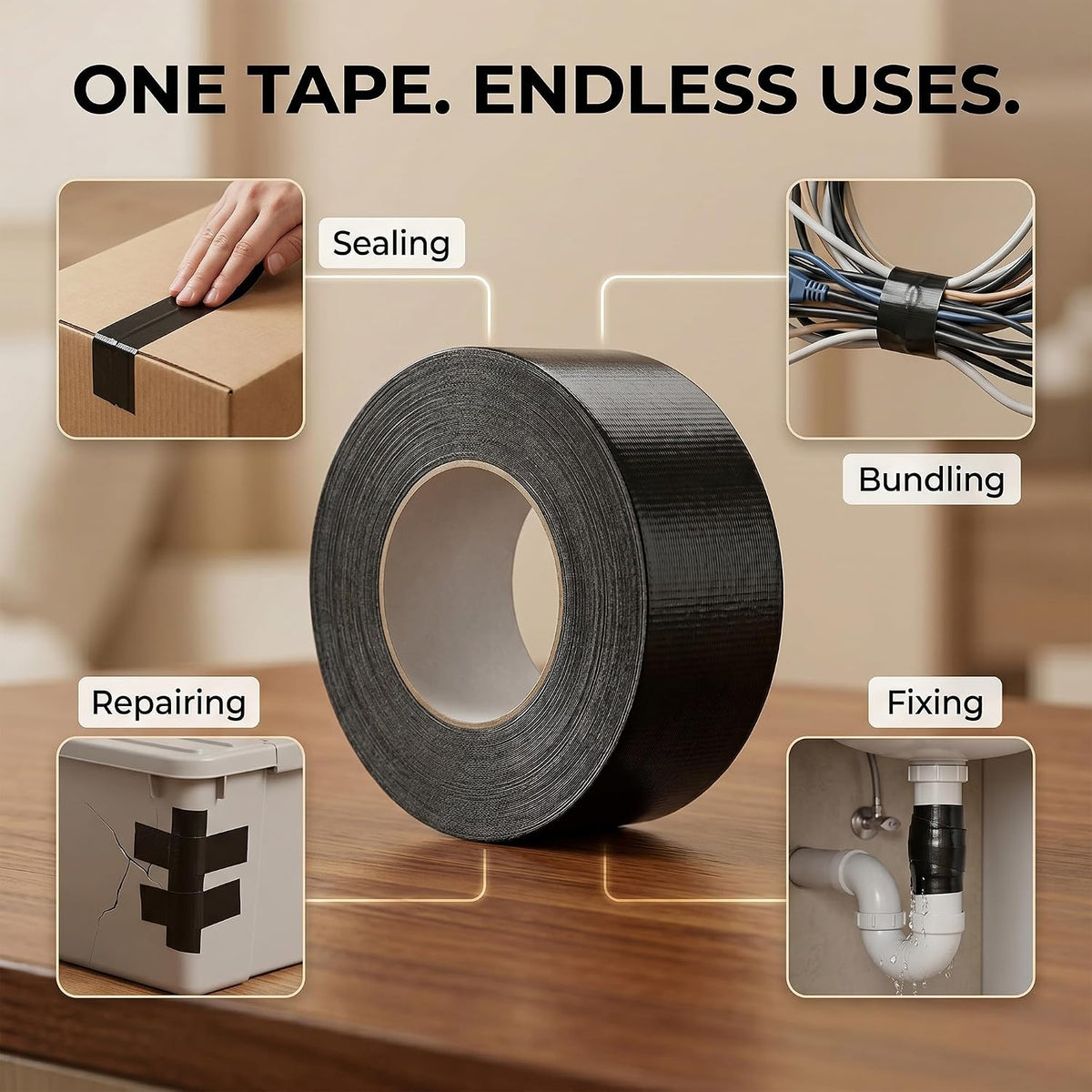 Roe Tenpo Silver Duct Tape - 48mm x 50m, Heavy Duty Gaffer Tape, Waterproof, Extra Strong Adhesive, Residue-Free, Ideal for Sealing, Wrapping, Plumbing & Indoor/Outdoor Repairs