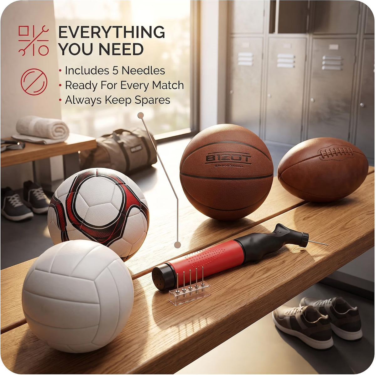 Scott 11 Sports Ball Pump with 5 Needles, Fast Push & Pull Inflator, Lightweight Hand Pump for Football, Basketball, Volleyball, Rugby & Other Inflatable Sports Balls