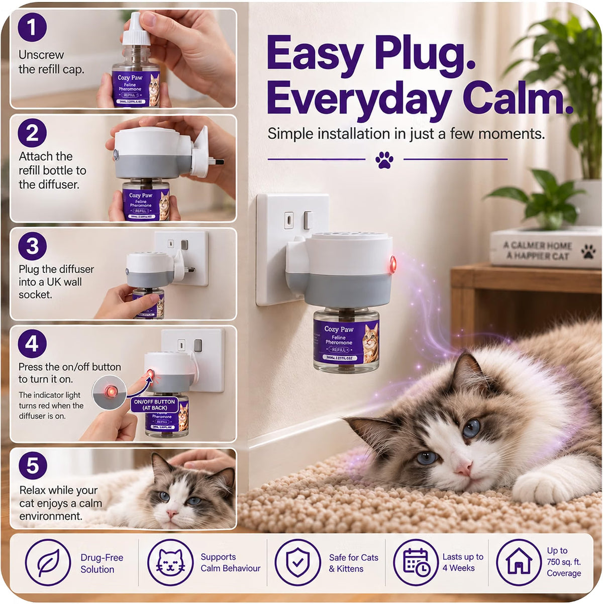 Cozy Paw Cat Calming Plug-In, Cat Pheromone Diffuser With 48ml Refill Odourless, Drug-Free, Suitable for Cats of All Ages, Cat Plug In Calmer for a Calm Home, Continuous Calming Support