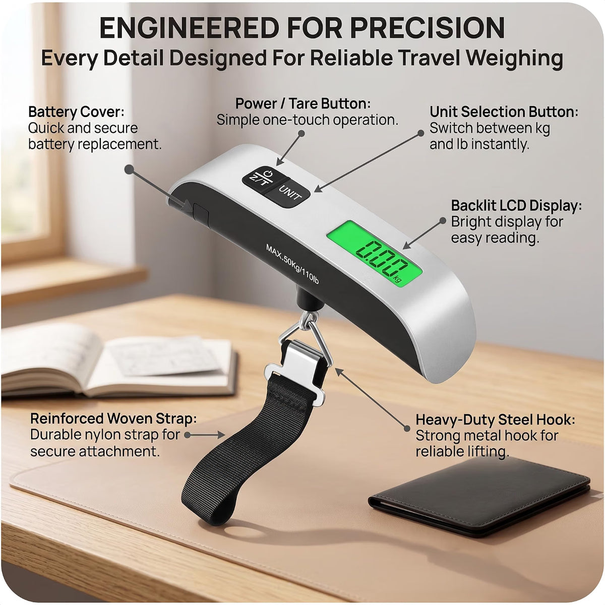 Roe Tenpo Luggage Scale, Portable Suitcase Scale 50kg/110lb Capacity Travel Scale for Luggage with Tare Function, Backlit LCD, Temperature Display, Auto Shut-Off, Overload Indicator
