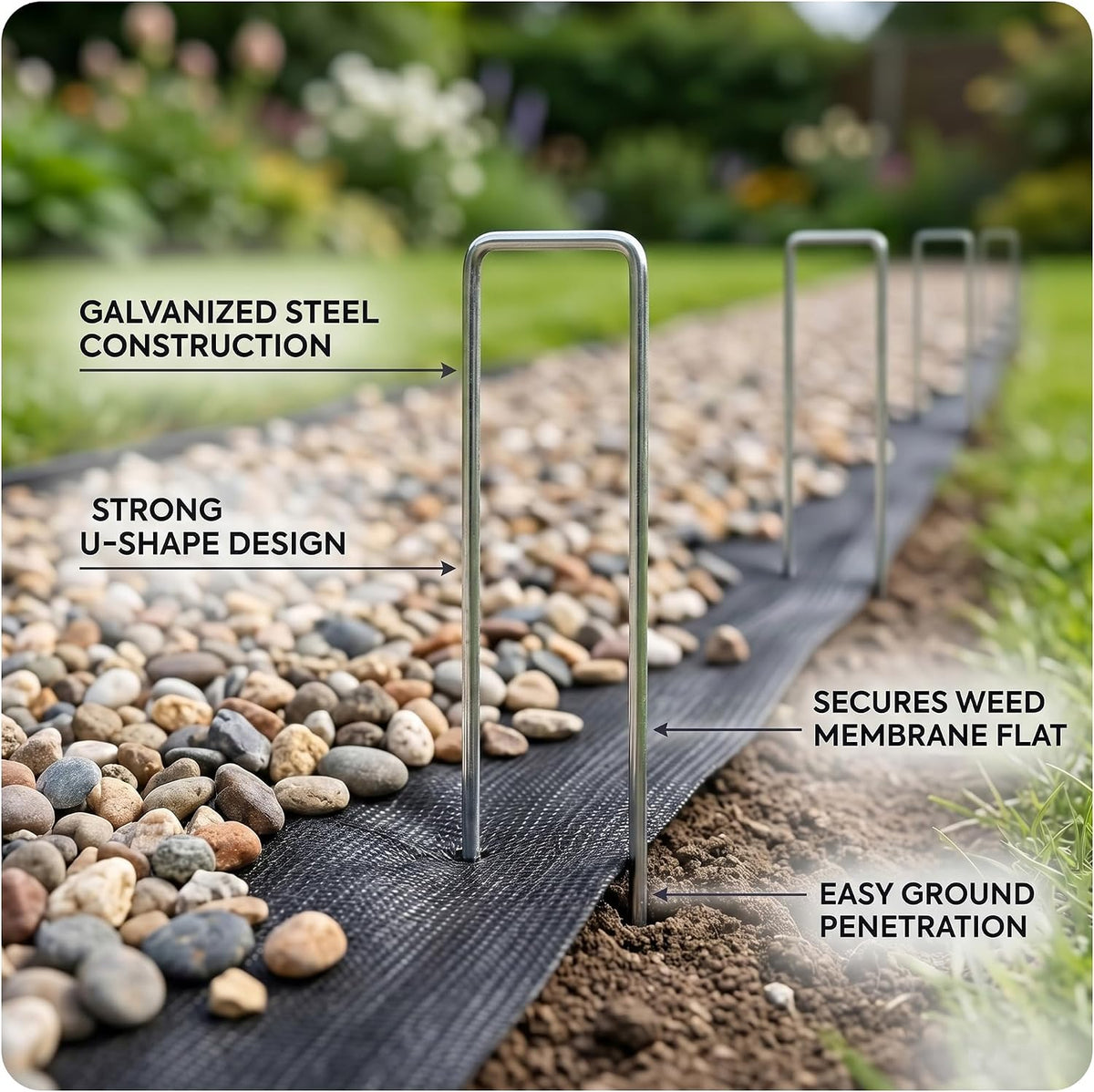 Roe Tenpo Weed Membrane Pegs, 15 cm, U-Shaped Heavy-Duty Sharp Beveled Ends Garden Stakes for Camping, Weed Control Membrane, Artificial Grass, Netting & Landscape Fabric (50 Pack)
