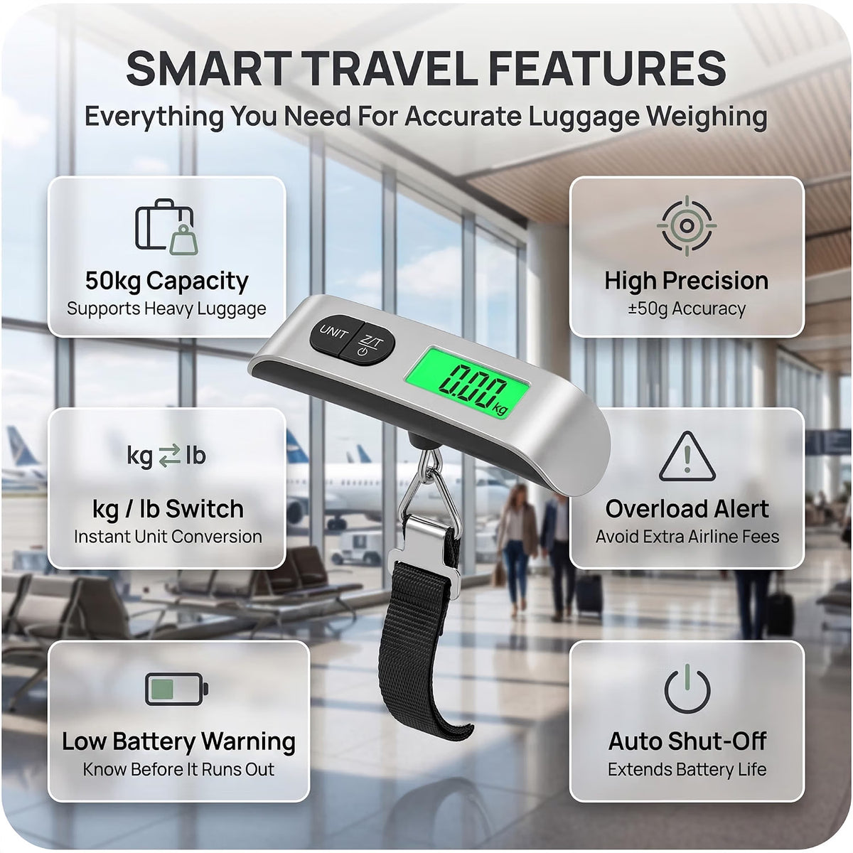 Roe Tenpo Luggage Scale, Portable Suitcase Scale 50kg/110lb Capacity Travel Scale for Luggage with Tare Function, Backlit LCD, Temperature Display, Auto Shut-Off, Overload Indicator