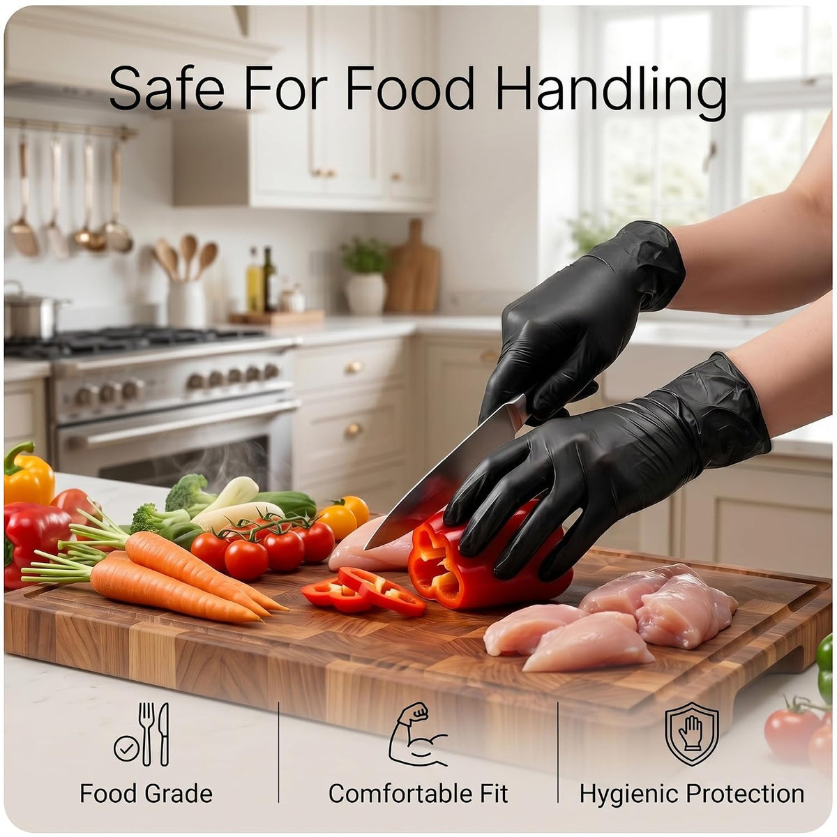 The Real Touch Disposable Gloves Latex-Free, Powder-Free, Food Grade, Comfortable Fit, Multi-Purpose Black Vinyl Gloves for Food Handling, Cleaning & Beauty