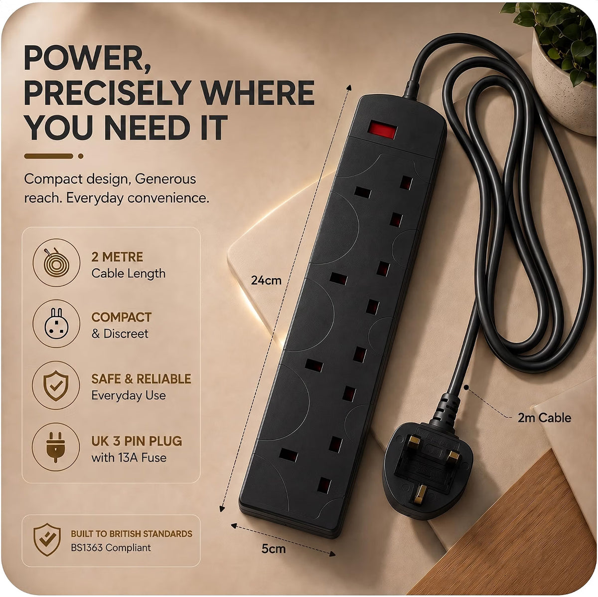 Mr.DIY 4 Way Extension Lead, 2 Metre Power Cable, 13A Fused UK Plug, Surge Protected Extension Lead with Advanced Safety Protection, Wall Mountable Power Strip for Home & Office Use
