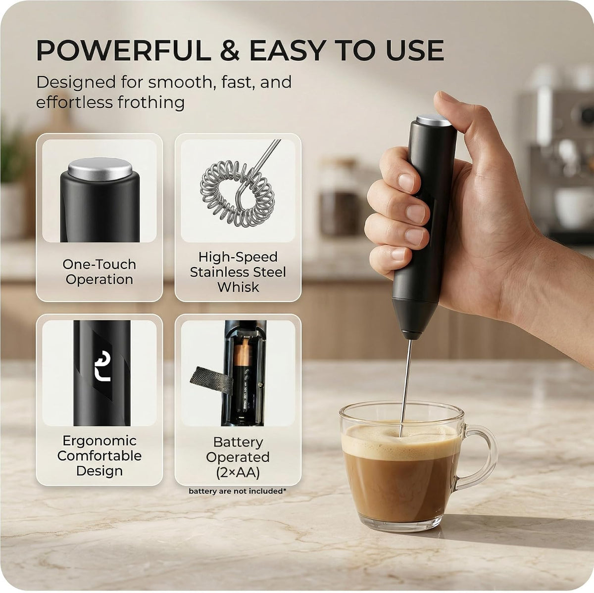 Roe Tenpo Handheld Milk Frother with Stainless Steel Whisk - Ergonomic, Compact, Easy to Clean, Portable Battery-Operated Coffee Frother for Cappuccino, Frappe, Matcha, Hot Chocolate