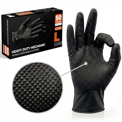 The Real Touch Nitrile Gloves, Count, Heavy-Duty Disposable Mechanic Gloves, Diamond Textured, Latex & Powder-Free, Non-Slip, Extra Thick, Ideal for Automotive, Industrial Tasks