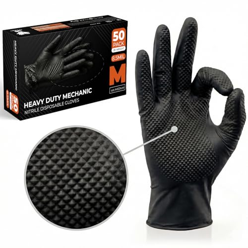 The Real Touch Nitrile Gloves, Count, Heavy-Duty Disposable Mechanic Gloves, Diamond Textured, Latex & Powder-Free, Non-Slip, Extra Thick, Ideal for Automotive, Industrial Tasks