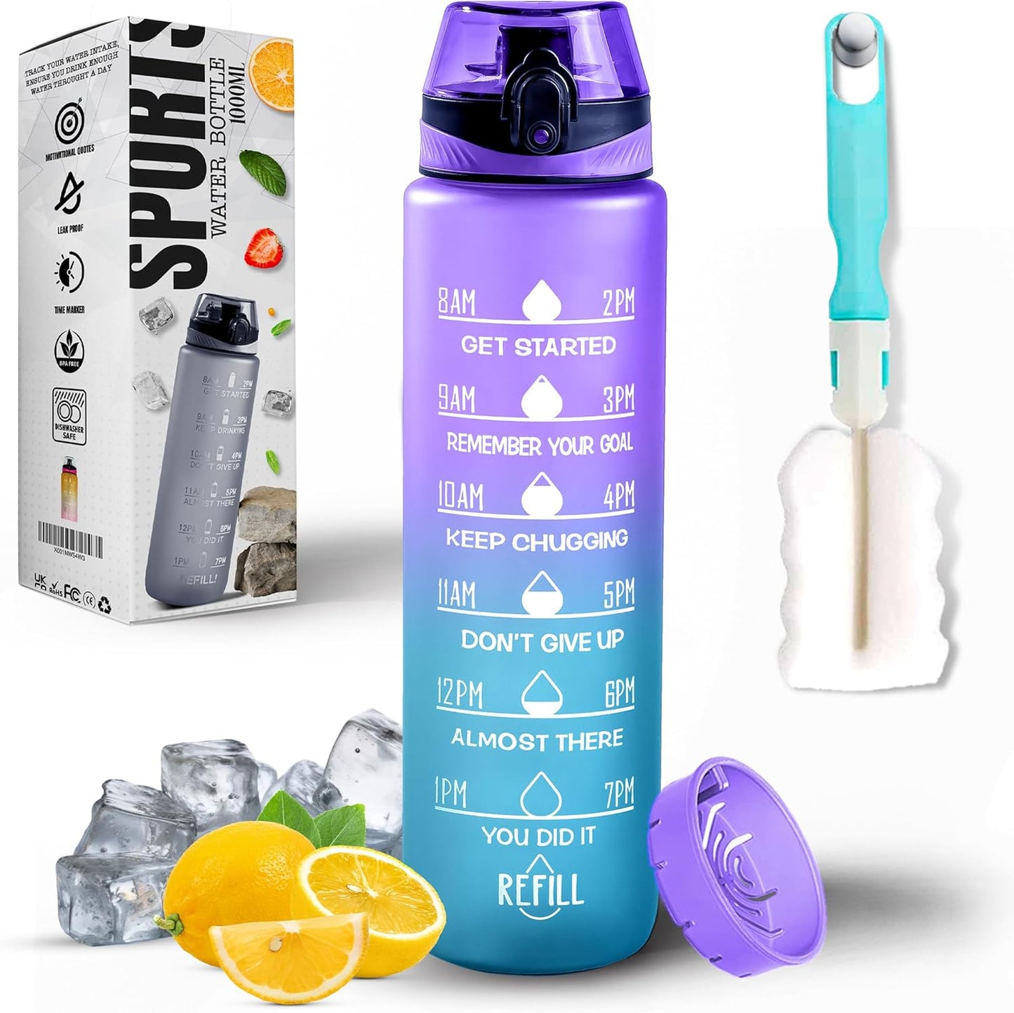 Roe Tenpo Water Bottle 1L, Sports Water Bottle with Time Markings