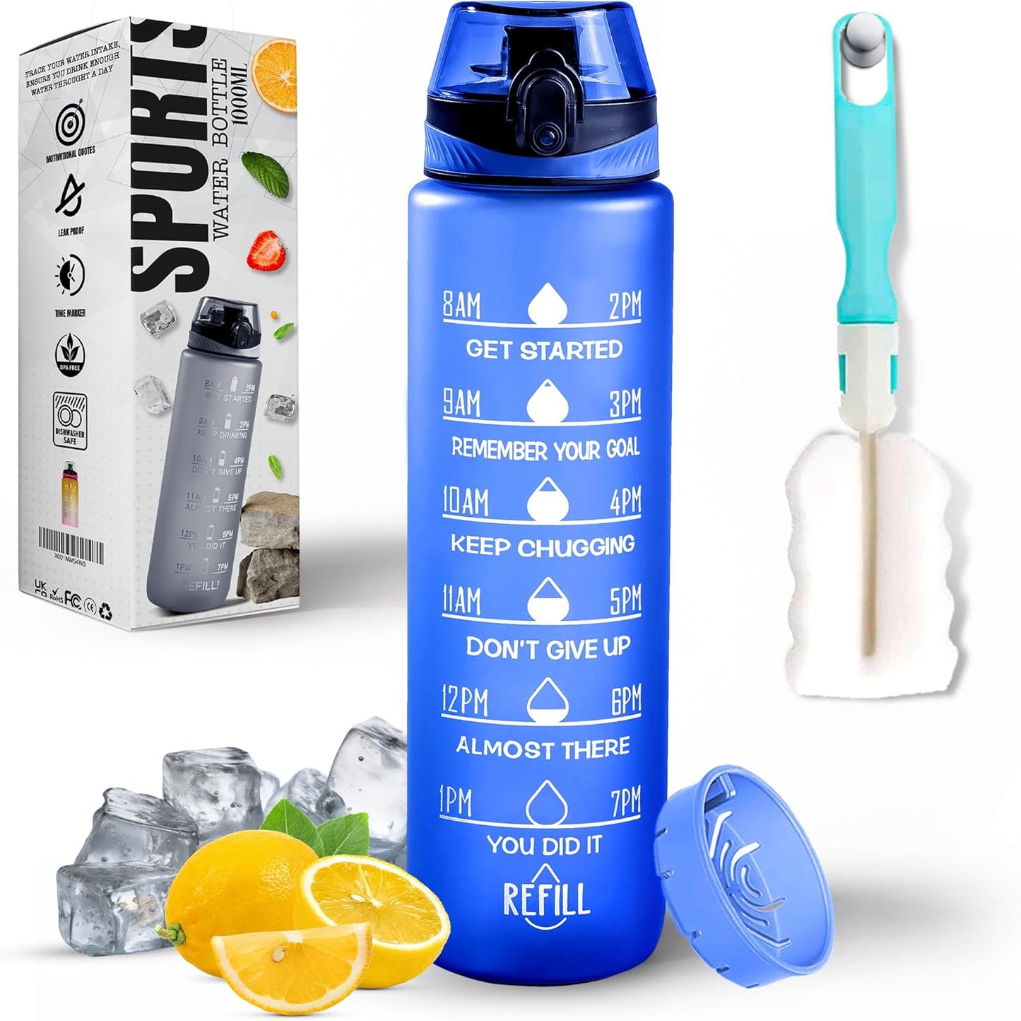 Roe Tenpo Water Bottle 1L, Sports Water Bottle with Time Markings