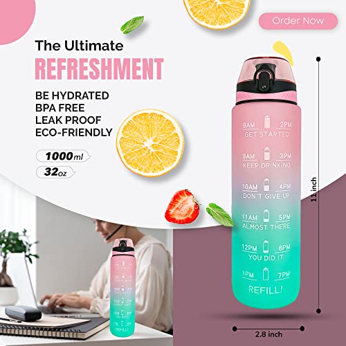 Active 100 Water Bottle 1L, Sports Water Bottle with Time Markings