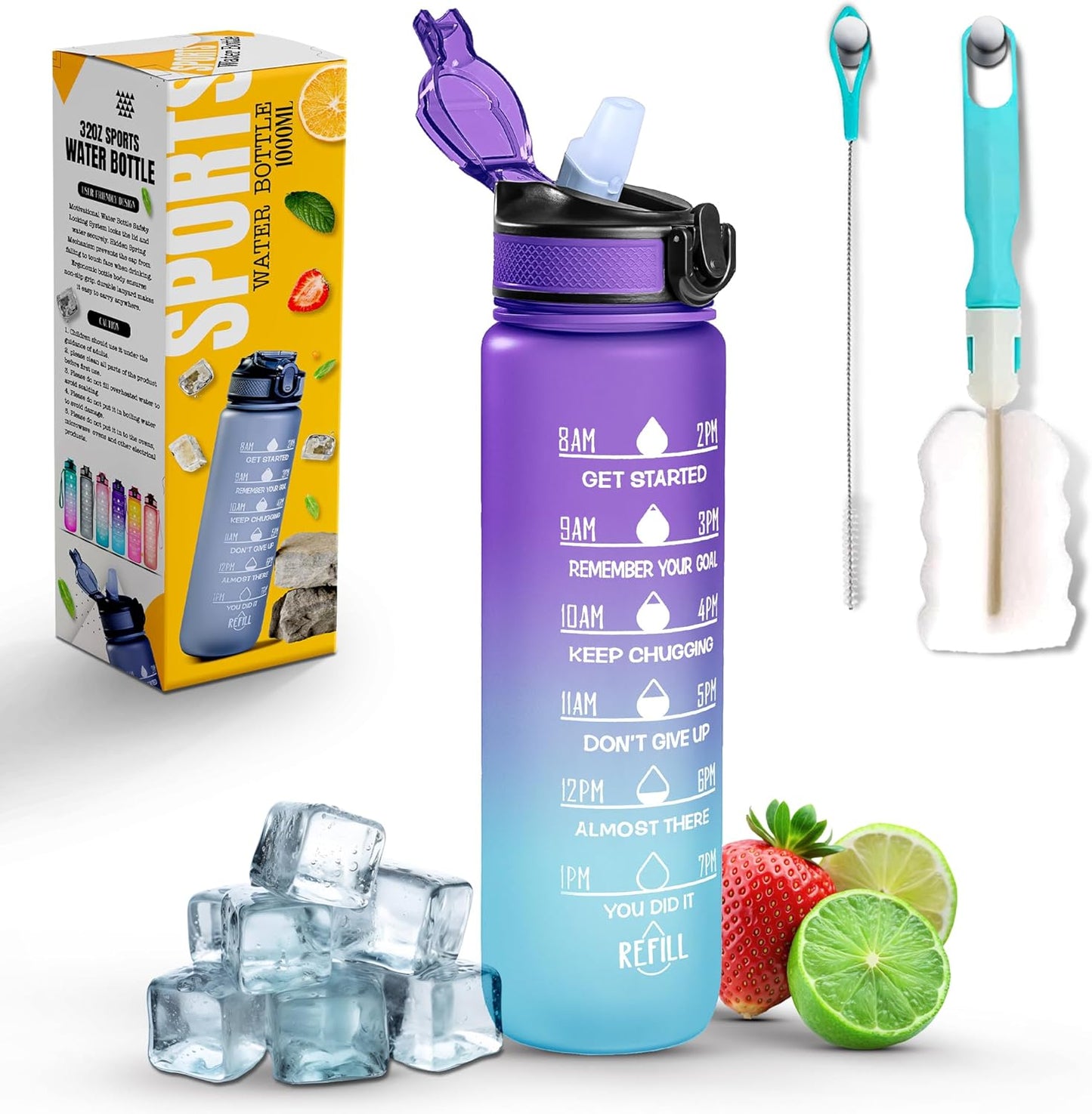 Roe Tenpo Sports Water Bottle with Straw and Time Marking, and 32OZ Capacity