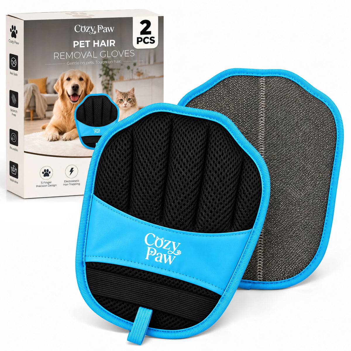 Pet Hair Removal Gloves, 2 Pack, 5 Finger Dog & Cat Grooming Glove Electrostatic Pet Hair Remover Glove, Double-Sided, Reusable & Washable, Ideal for Sofa, Carpet, Clothes & Car Seats