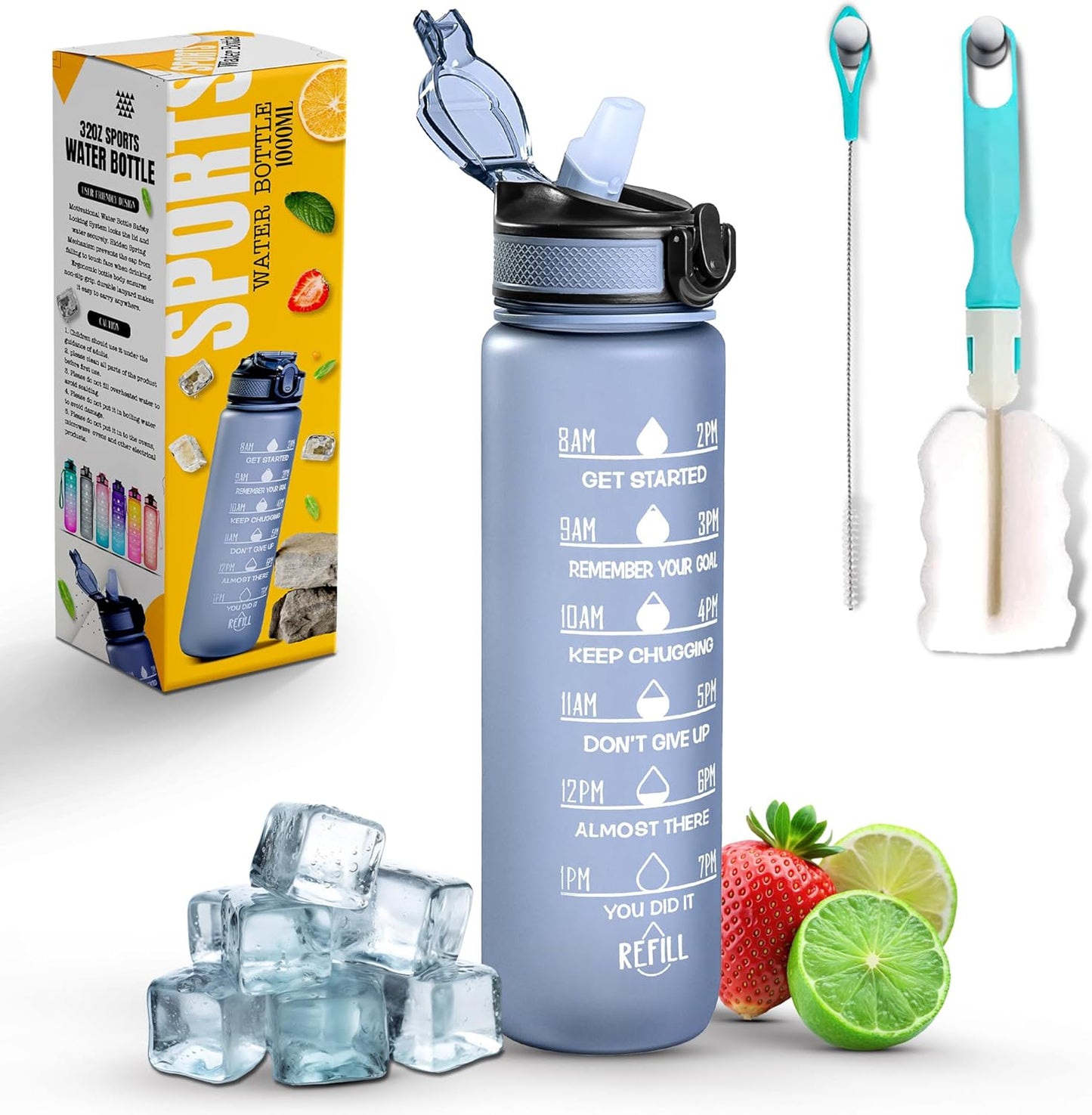 Roe Tenpo Sports Water Bottle with Straw and Time Marking, and 32OZ Capacity