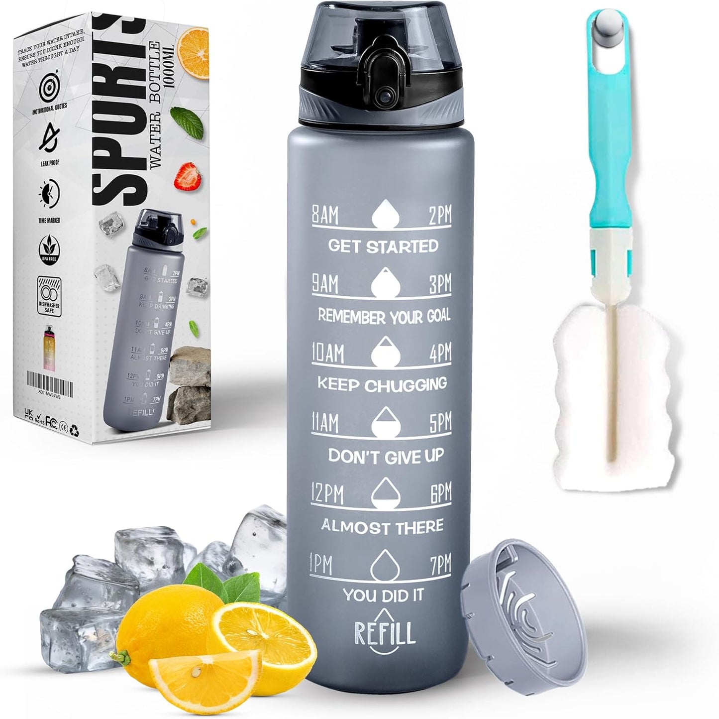 Roe Tenpo Water Bottle 1L, Sports Water Bottle with Time Markings