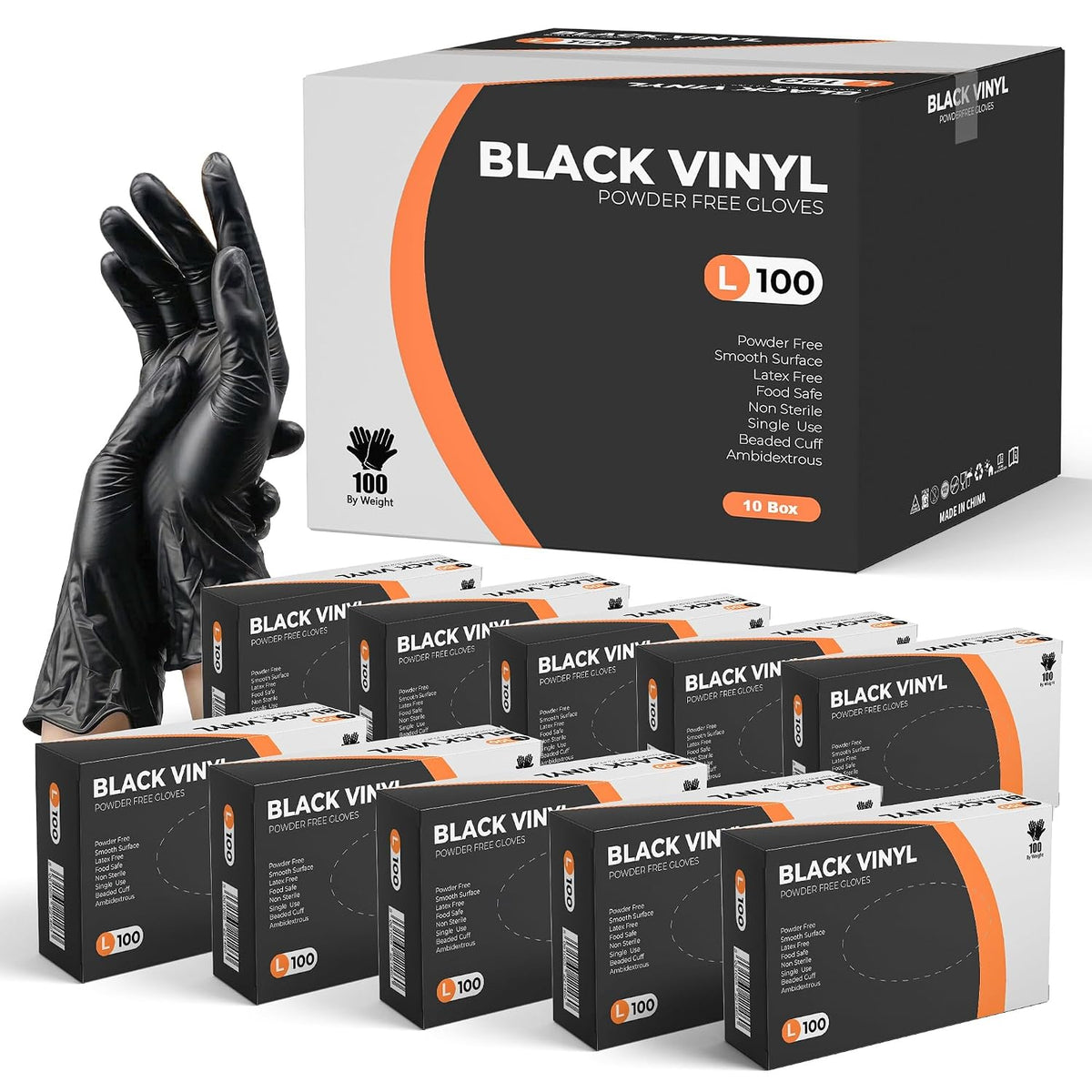 PRAIMA Black Vinyl Gloves, Powder Free & Latex Free, Multi-Purpose Black Disposable Gloves for Food Handling, Cooking, Cleaning & Medical Use