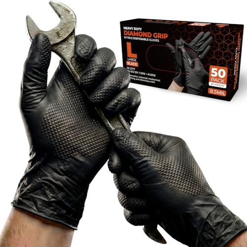 PRAIMA Mechanic Gloves, Diamond Grip Black Nitrile Disposable Gloves | Powder-Free, Latex-Free, Extra Thick & Strong Rubber Gloves for Work, Automotive, Industrial, and Cleaning Use