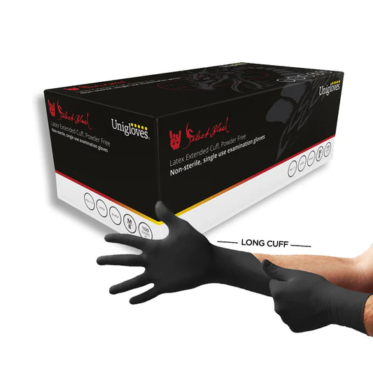 Unigloves Black PF Latex Gloves Long Cuff- Pack of 100