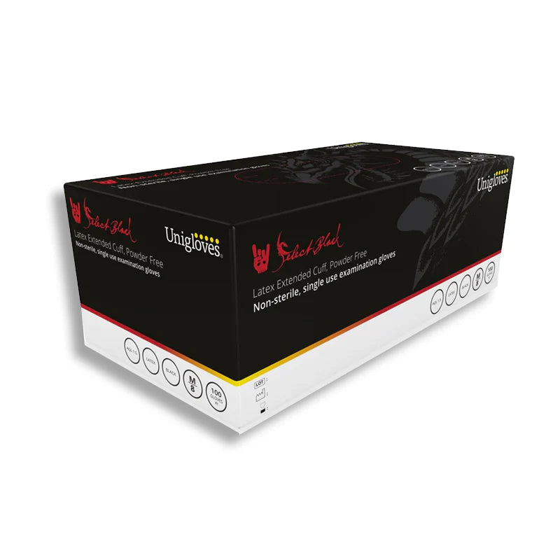 Unigloves Black PF Latex Gloves Long Cuff- Pack of 100