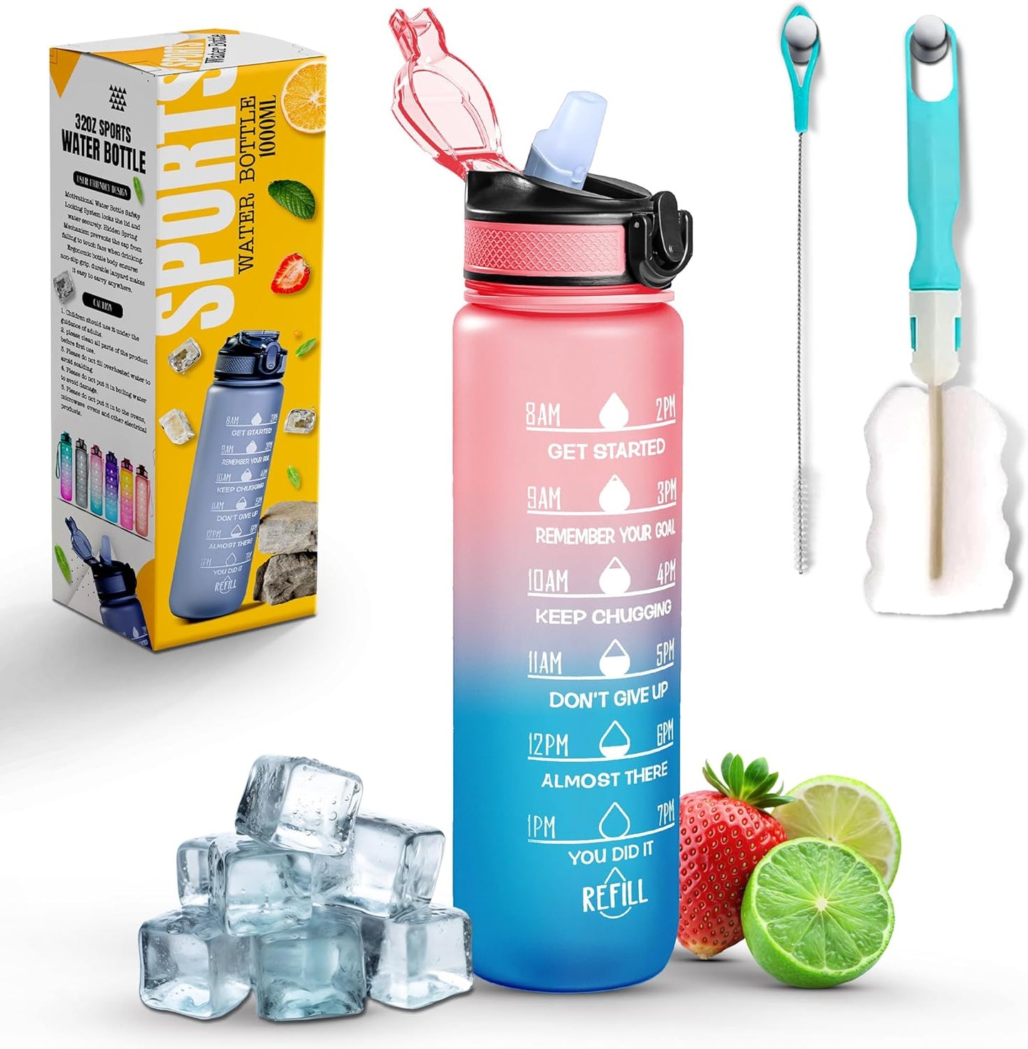 Roe Tenpo Sports Water Bottle with Straw and Time Marking, and 32OZ Capacity