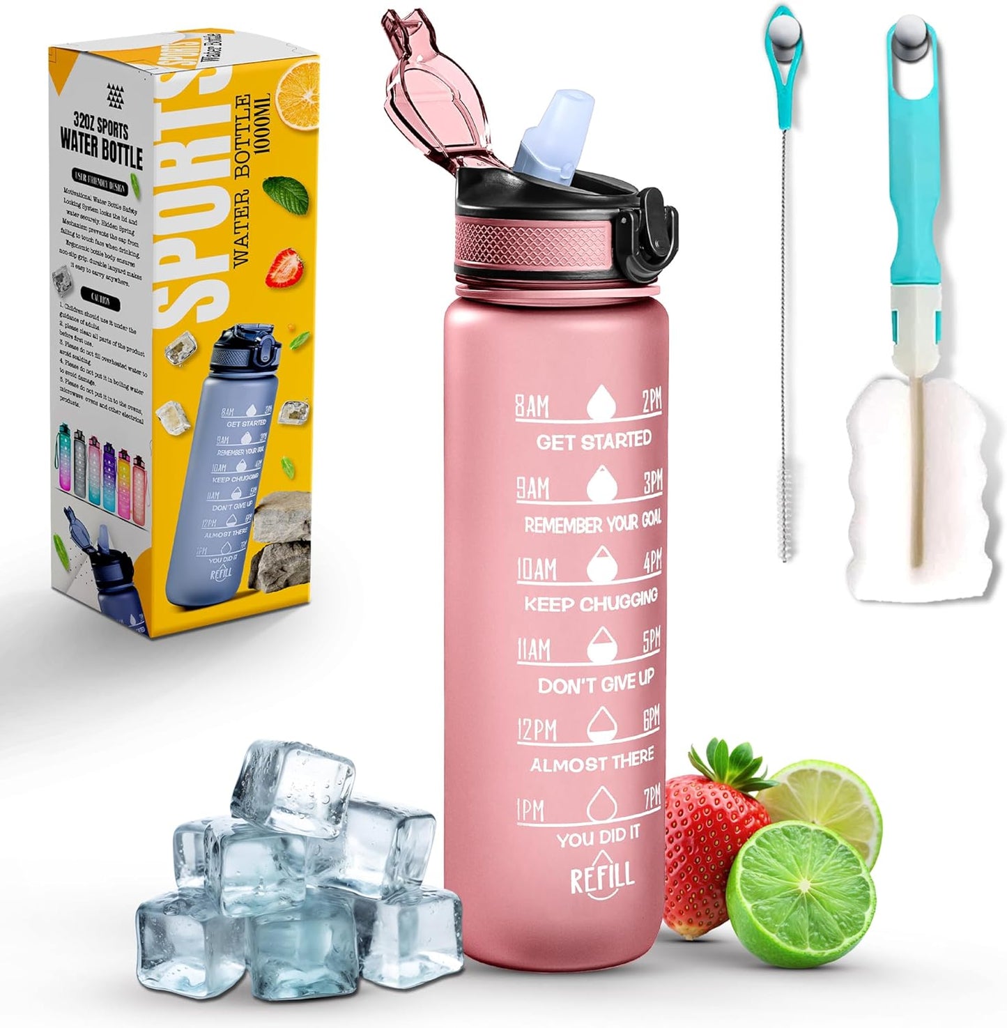 Roe Tenpo Sports Water Bottle with Straw and Time Marking, and 32OZ Capacity