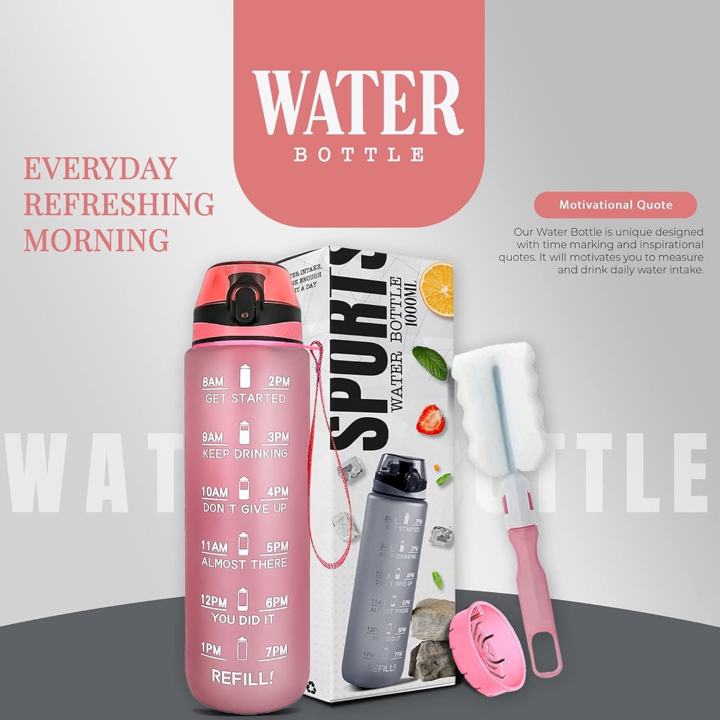 Active 100 Water Bottle 1L, Sports Water Bottle with Time Markings