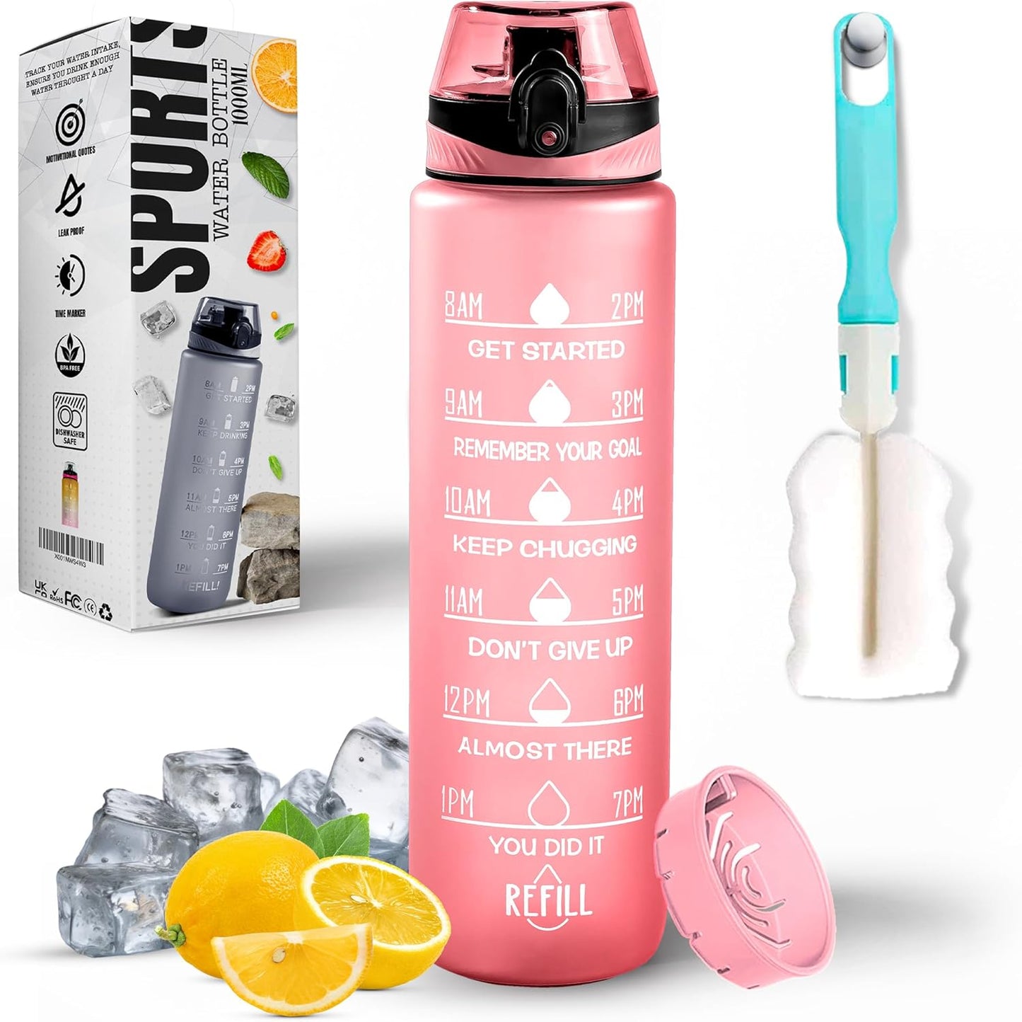 Roe Tenpo Water Bottle 1L, Sports Water Bottle with Time Markings