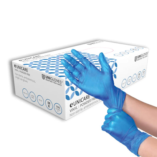 Unigloves Unicare Vinyl Powder Free Gloves Blue- Pack of 100