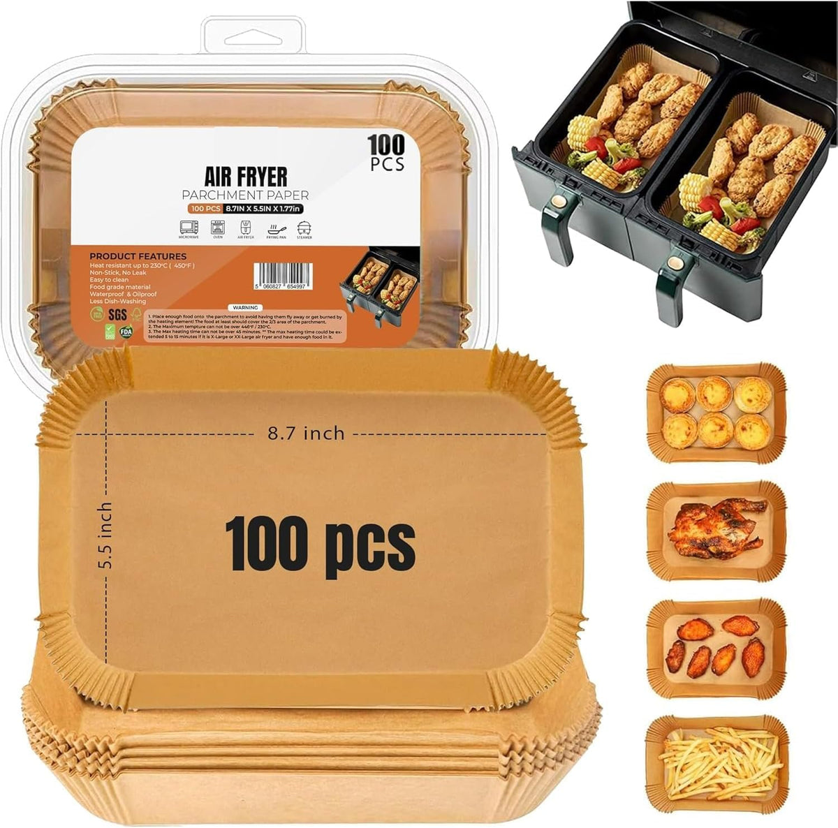 Housezy Air Fryer Liners Disposable 8.7x5.5 Inch 100pcs Rectangular, Non-Stick Baking Parchment Paper Liners, Compatible with Ninja, Tower and Other Dual Zone Air Fryers (5.5 Inch 100pcs Rectangle)