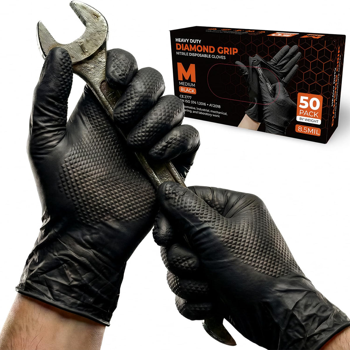 PRAIMA Mechanic Gloves, Diamond Grip Black Nitrile Disposable Gloves | Powder-Free, Latex-Free, Extra Thick & Strong Rubber Gloves for Work, Automotive, Industrial, and Cleaning Use