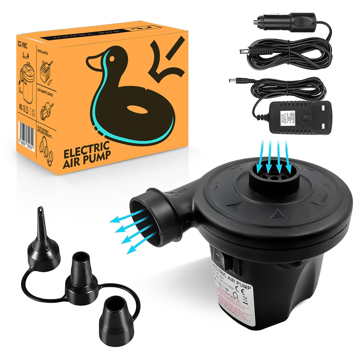 Roe Tenpo Electric Air Pump with 3 Nozzles/Inflate Or Deflate Swimming Ring, Airbeds, Paddling Pools & Other Toys / AC110-240V/ DC12V/50W