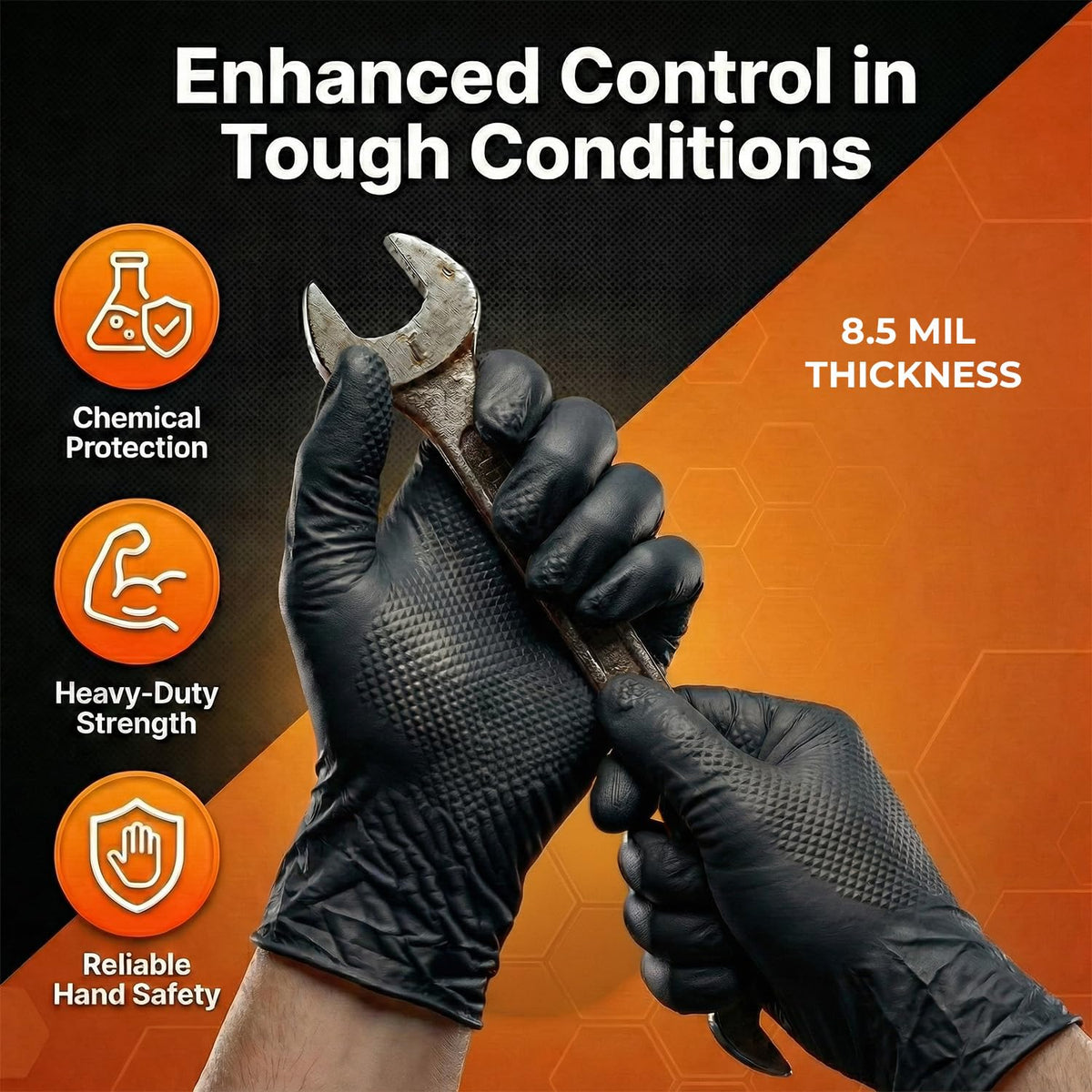 PRAIMA Mechanic Gloves, Diamond Grip Black Nitrile Disposable Gloves | Powder-Free, Latex-Free, Extra Thick & Strong Rubber Gloves for Work, Automotive, Industrial, and Cleaning Use