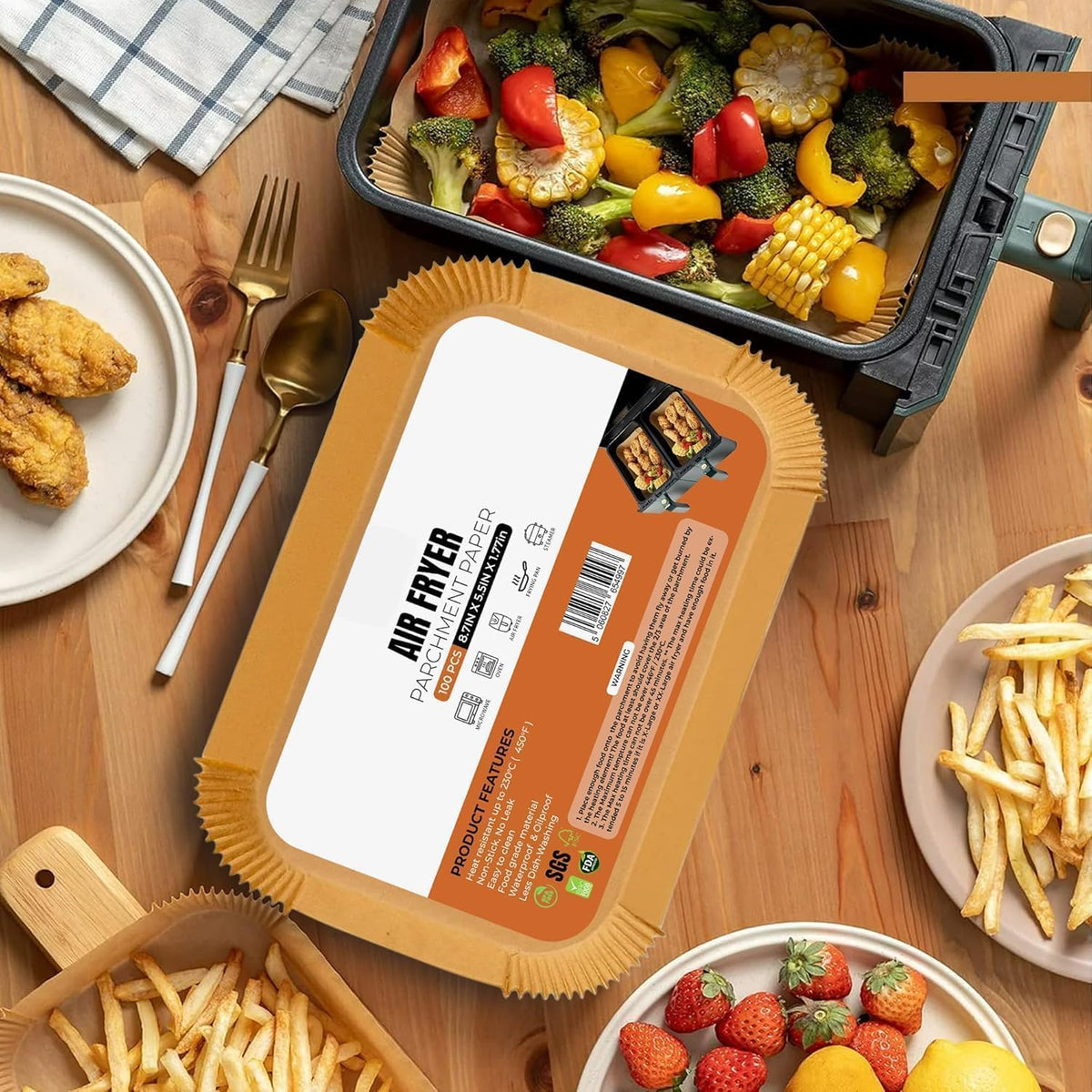Housezy Air Fryer Liners Disposable 8.7x5.5 Inch 100pcs Rectangular, Non-Stick Baking Parchment Paper Liners, Compatible with Ninja, Tower and Other Dual Zone Air Fryers (5.5 Inch 100pcs Rectangle)