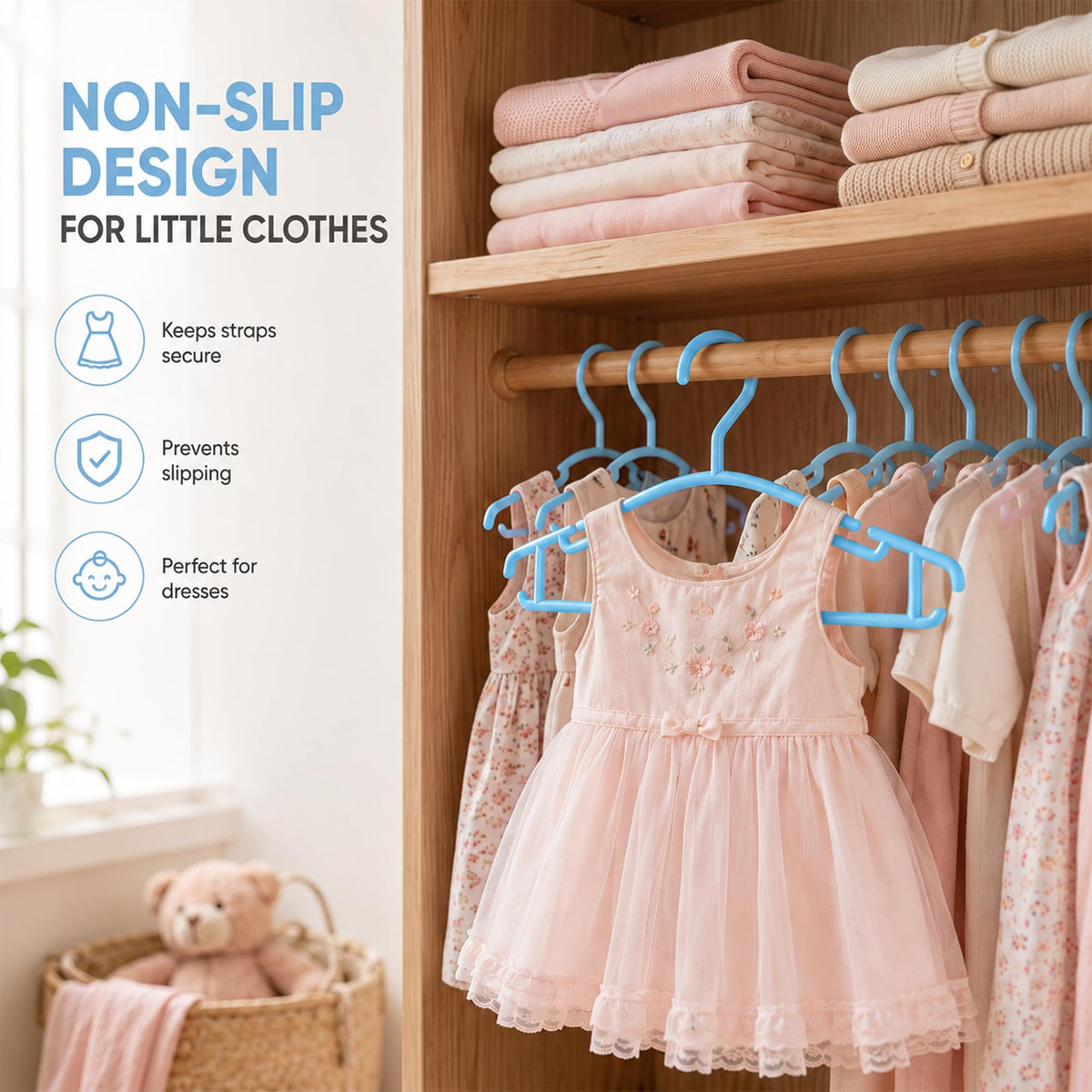 Roe Tenpo Baby Hangers, 36 Pack, Non-Slip Plastic Kids Coat Hangers with Notches, Space Saving Toddler Clothes Organisers for Nursery Wardrobe Storage