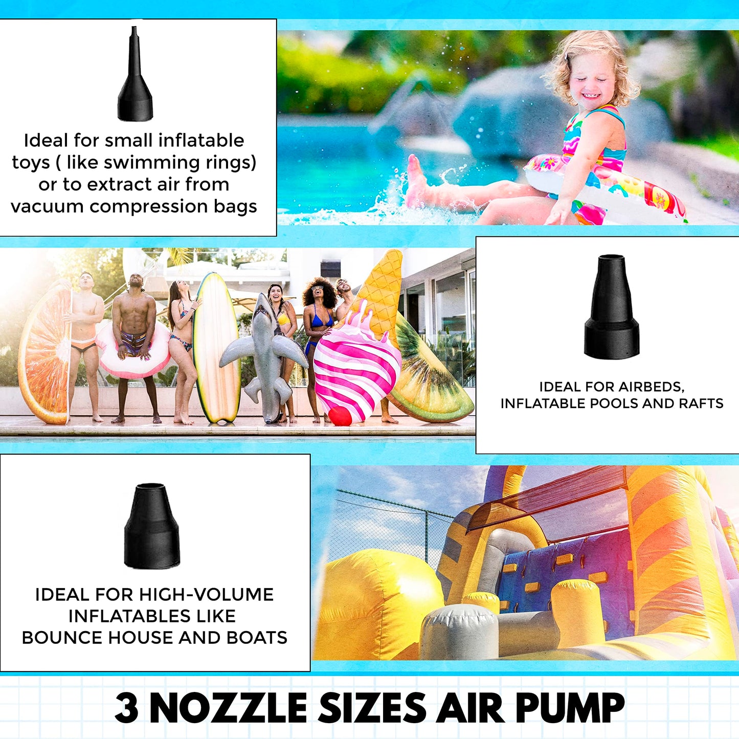 Roe Tenpo Electric Air Pump with 3 Nozzles/Inflate Or Deflate Swimming Ring, Airbeds, Paddling Pools & Other Toys / AC110-240V/ DC12V/50W