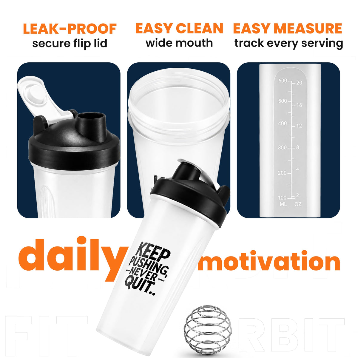FitOrbit Protein Shaker Bottle, 600ml with Wire Mixing Ball, Leak-Proof, BPA-Free, Dishwasher Safe, Gym Shaker for Protein Shakes, Pre-Workout & Supplements Drinks