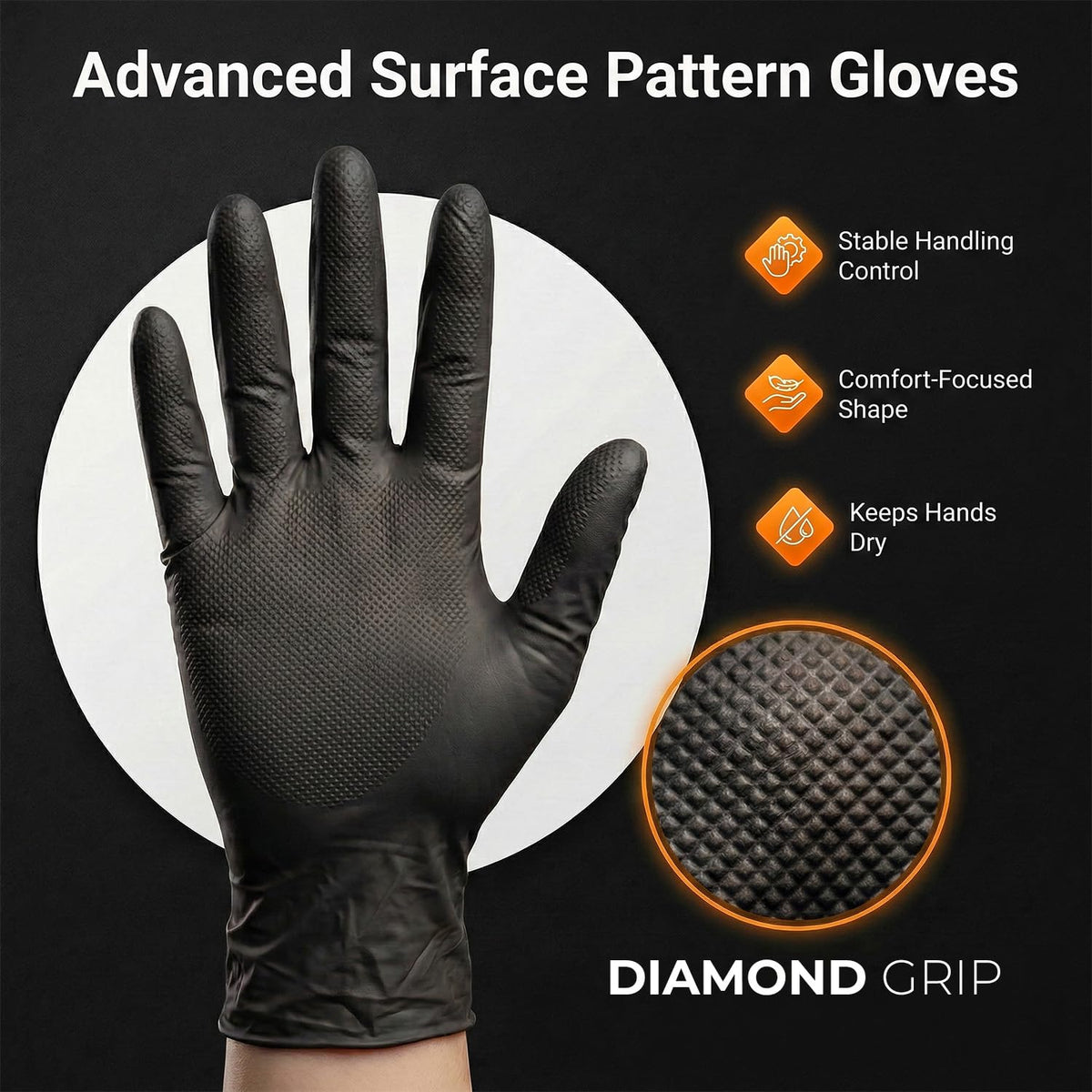 PRAIMA Mechanic Gloves, Diamond Grip Black Nitrile Disposable Gloves | Powder-Free, Latex-Free, Extra Thick & Strong Rubber Gloves for Work, Automotive, Industrial, and Cleaning Use