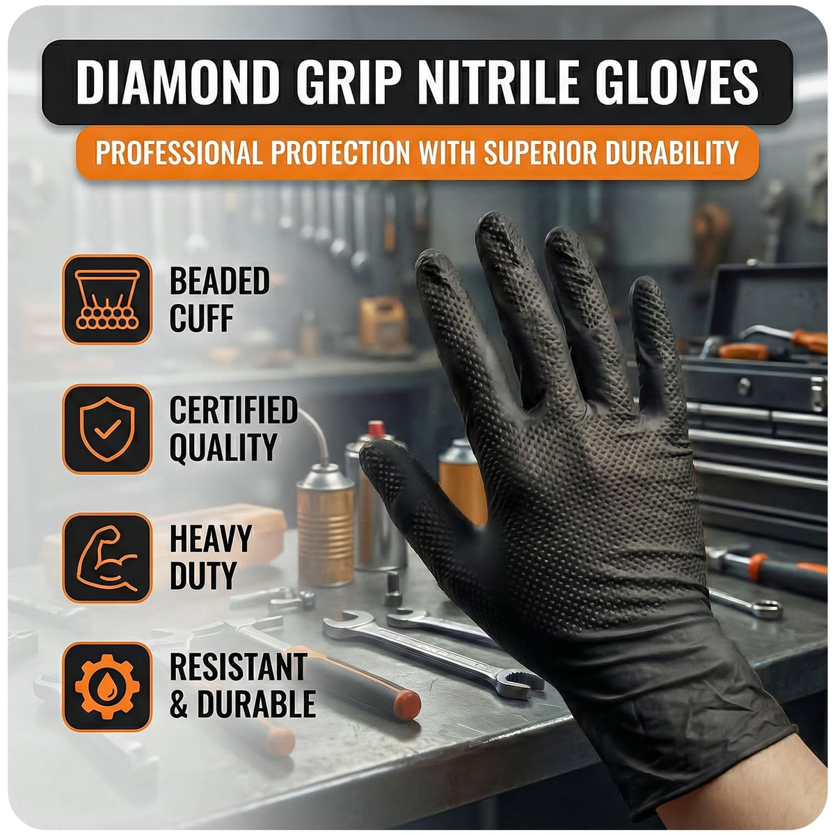 The Real Touch Nitrile Gloves, Count, Heavy-Duty Disposable Mechanic Gloves, Diamond Textured, Latex & Powder-Free, Non-Slip, Extra Thick, Ideal for Automotive, Industrial Tasks