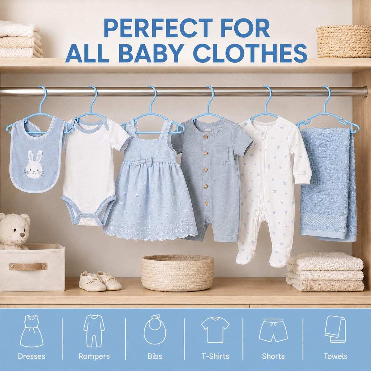 Roe Tenpo Baby Hangers, 36 Pack, Non-Slip Plastic Kids Coat Hangers with Notches, Space Saving Toddler Clothes Organisers for Nursery Wardrobe Storage