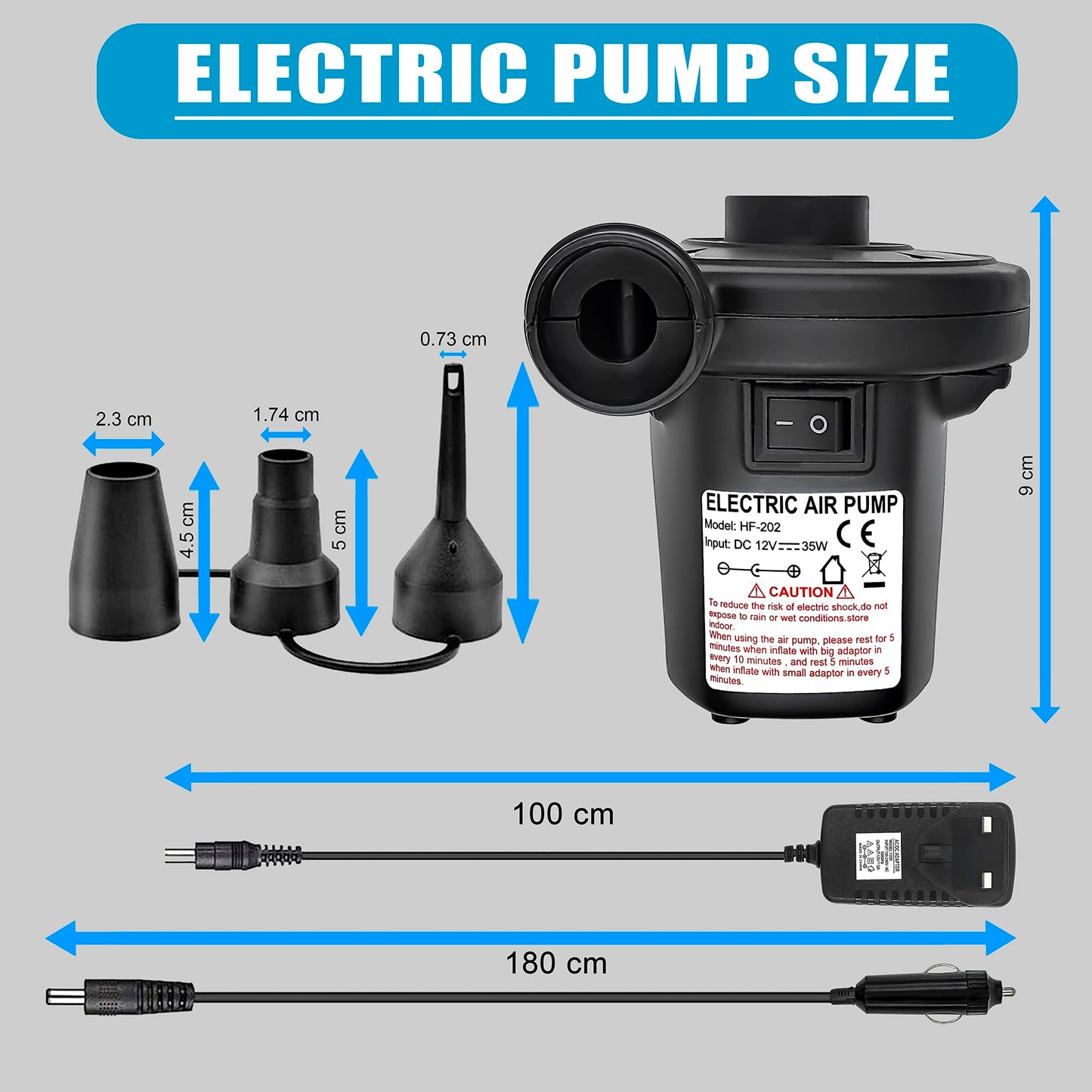 Roe Tenpo Electric Air Pump with 3 Nozzles/Inflate Or Deflate Swimming Ring, Airbeds, Paddling Pools & Other Toys / AC110-240V/ DC12V/50W