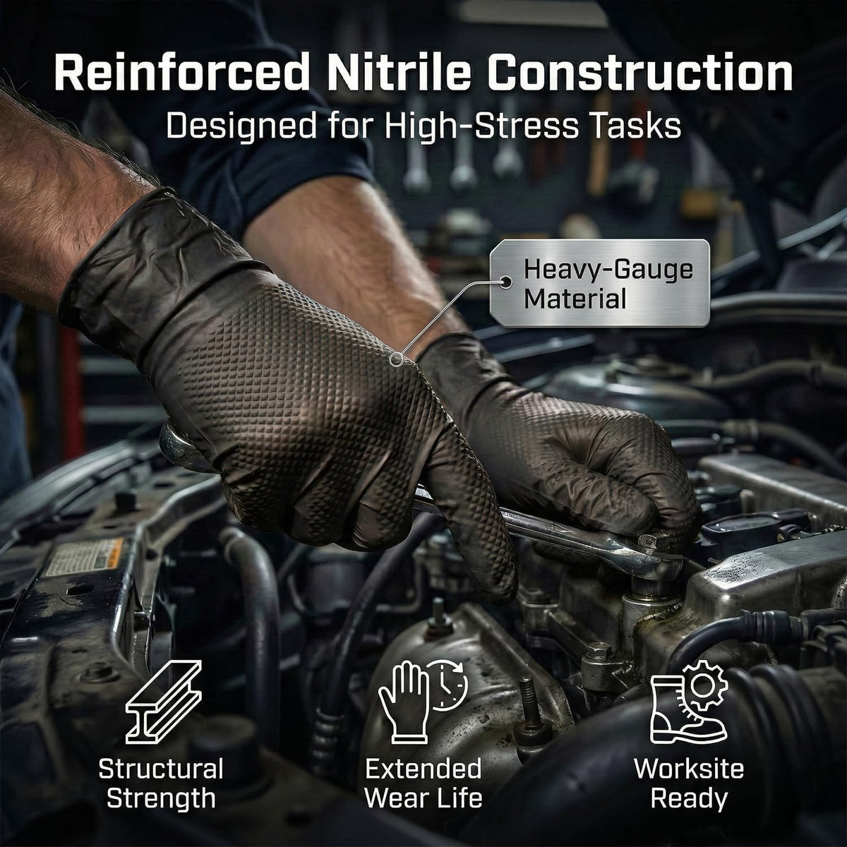 PRAIMA Mechanic Gloves, Diamond Grip Black Nitrile Disposable Gloves | Powder-Free, Latex-Free, Extra Thick & Strong Rubber Gloves for Work, Automotive, Industrial, and Cleaning Use