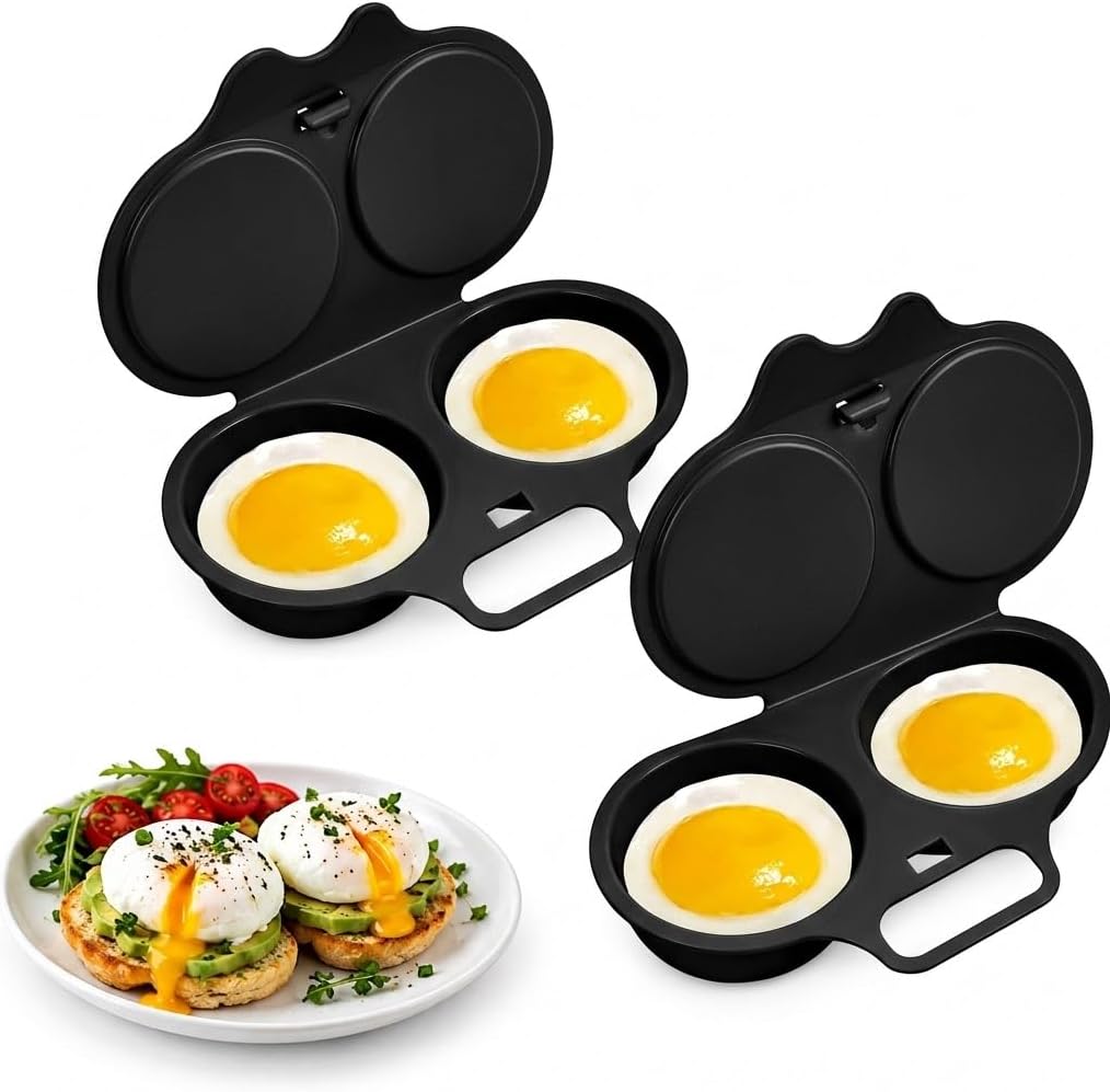Roe Tenpo 2 Pack Microwave Egg Poacher with Lid & Handle Dual Cavity Egg Cooker, Reusable Nonstick Poached Egg Maker, Quick and Easy for Home Breakfast, Practical Kitchen Gadgets