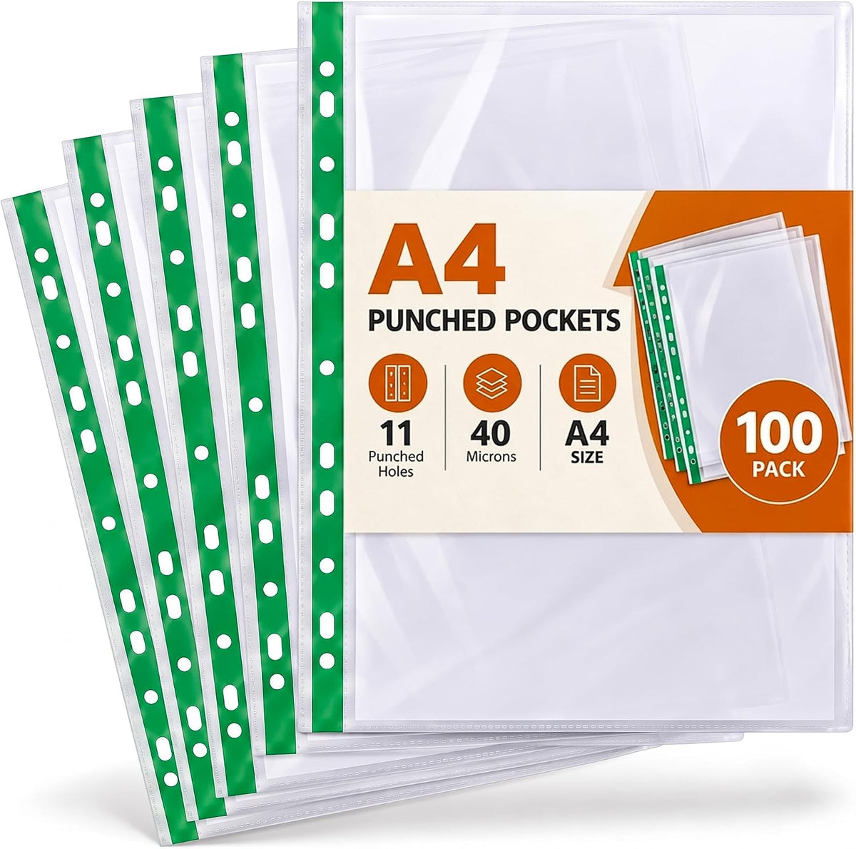 A4 Punched Pockets, Clear, 100 Pack, 40 Micron Plastic Wallets A4, Reinforced Spine, Top Opening, Ideal A4 Plastic Sleeves for Ring Binders, Office, School & Home Filing