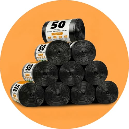 Roe Tenpo Bin Bags - 70L, 30 Microns Bin Liners, Strong & Durable, Tear Resistant Refuse Sack, Black Bin Bags for Everyday Use, Household & Commercial Use