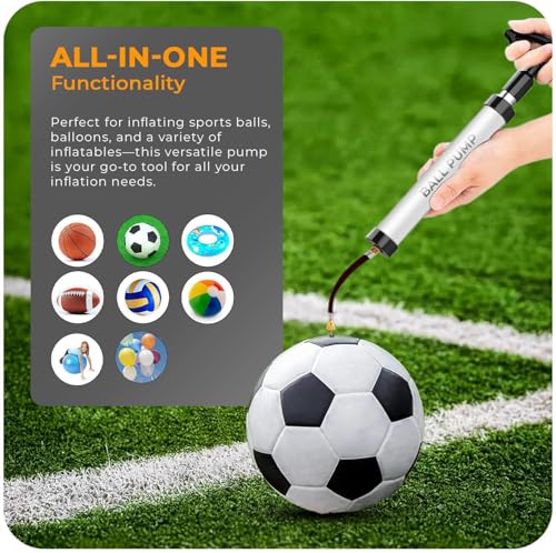 Active 100 Ball Pump with Needle - Football Pump with Nozzle & Extension Hose, for Basketball, Rugby Ball, Durable Aluminium-alloy Tube, Ergonomic Design, Fast Air Inflator