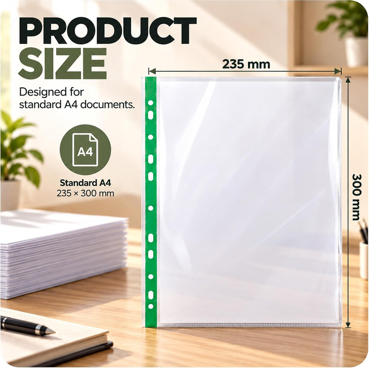 A4 Punched Pockets, Clear, 100 Pack, 40 Micron Plastic Wallets A4, Reinforced Spine, Top Opening, Ideal A4 Plastic Sleeves for Ring Binders, Office, School & Home Filing