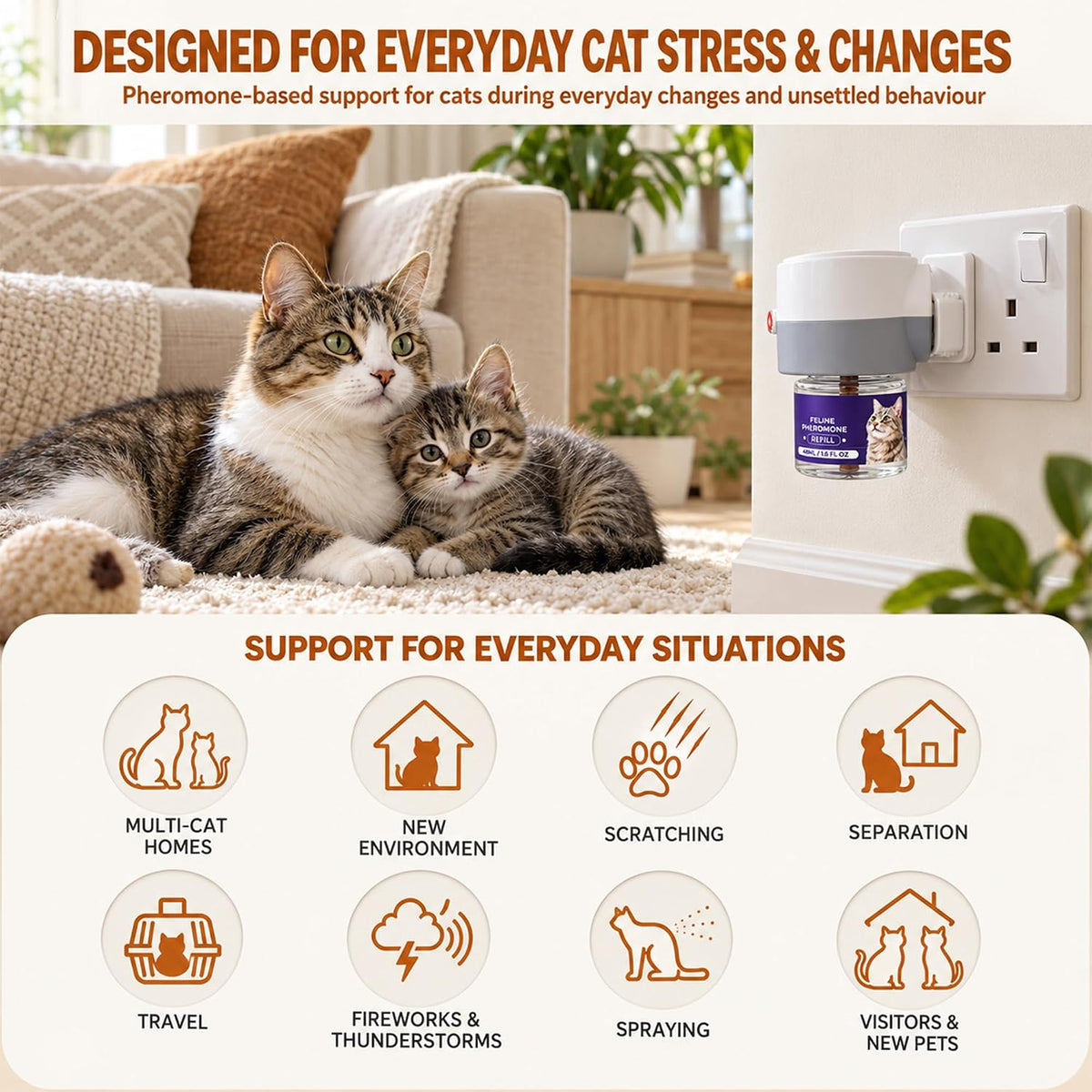 Roe Tenpo Cat Calming Plug In Diffuser Kit, 48ml Pheromone Diffuser for Cats, Cat Plug In Calmer for Stress & Anxiety Relief, Helps Reduce Spraying & Signs of Stress
