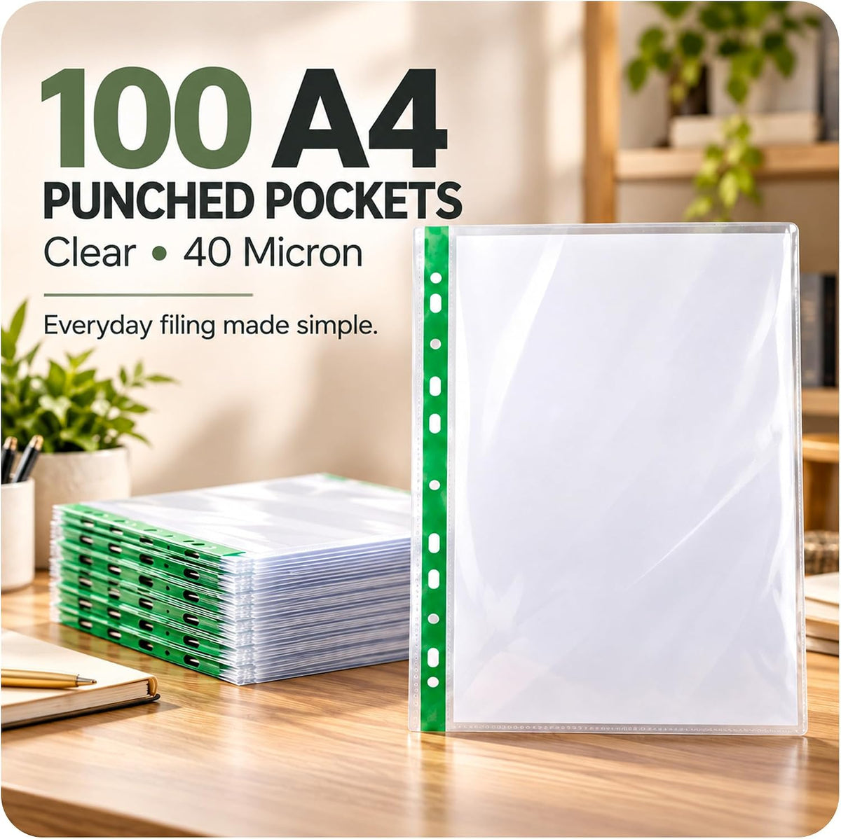 A4 Punched Pockets, Clear, 100 Pack, 40 Micron Plastic Wallets A4, Reinforced Spine, Top Opening, Ideal A4 Plastic Sleeves for Ring Binders, Office, School & Home Filing